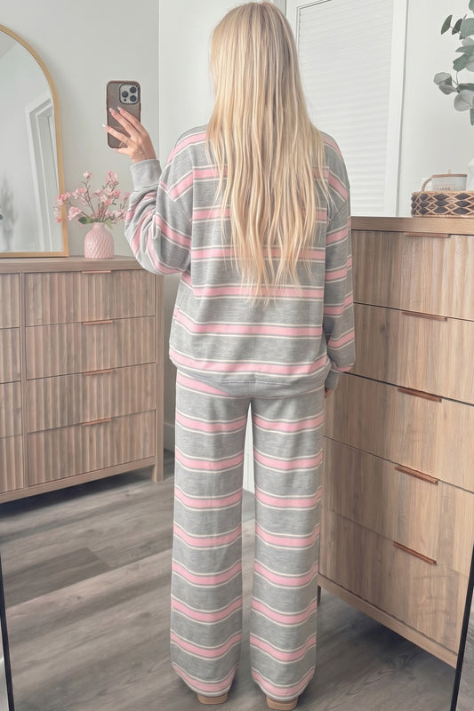 Pink Stripe Mock Neck Long Sleeve Pullover Top and Loose Pants Set