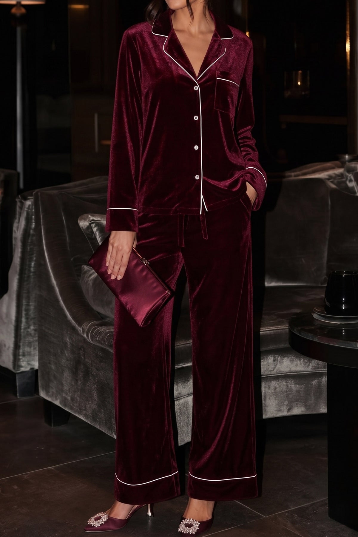 Burgundy Velvet Long Sleeve Top and Pants Two Piece Casual Lounge Set