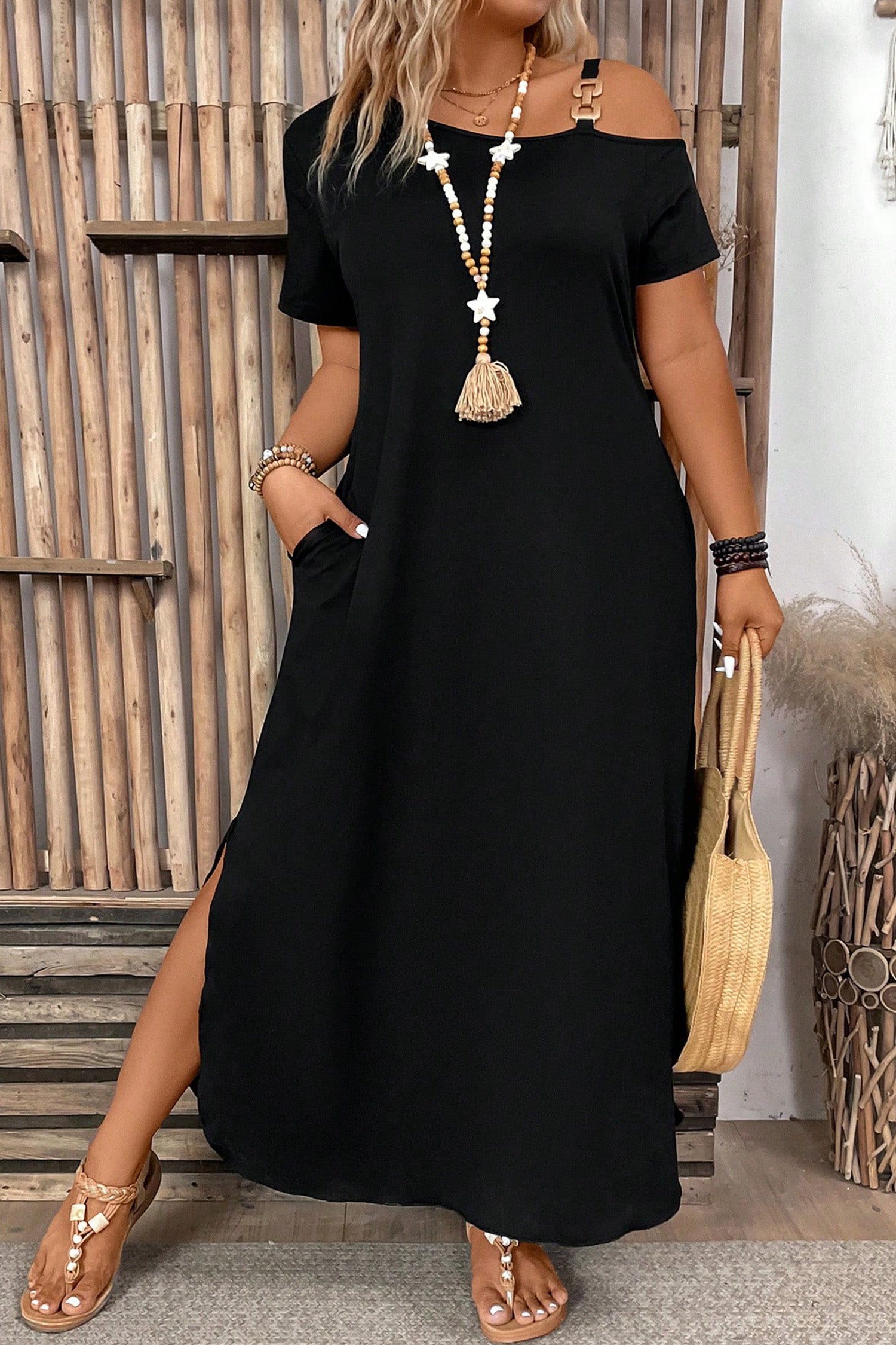 plus size short sleeve maxi dress Black Asymmetric Shoulder Detail Short Sleeve Plus Size Maxi Dress – HannaBanna Clothing