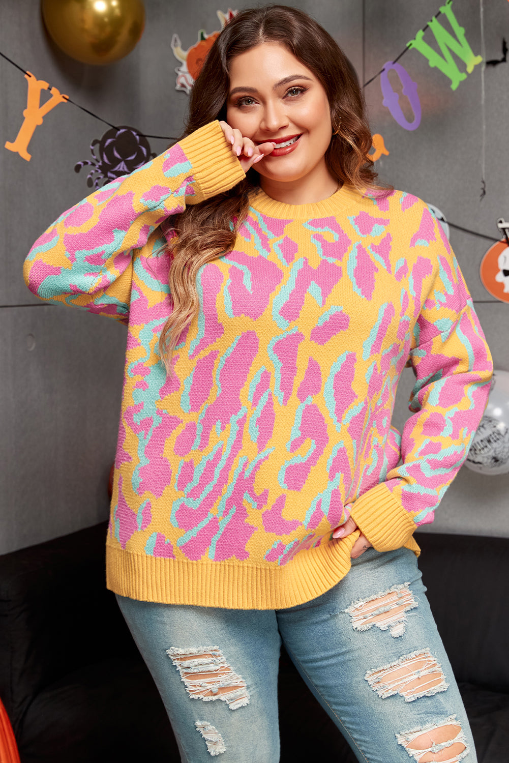 Bright Pink Plus Size Leopard Ribbed Trim Sweater – HannaBanna