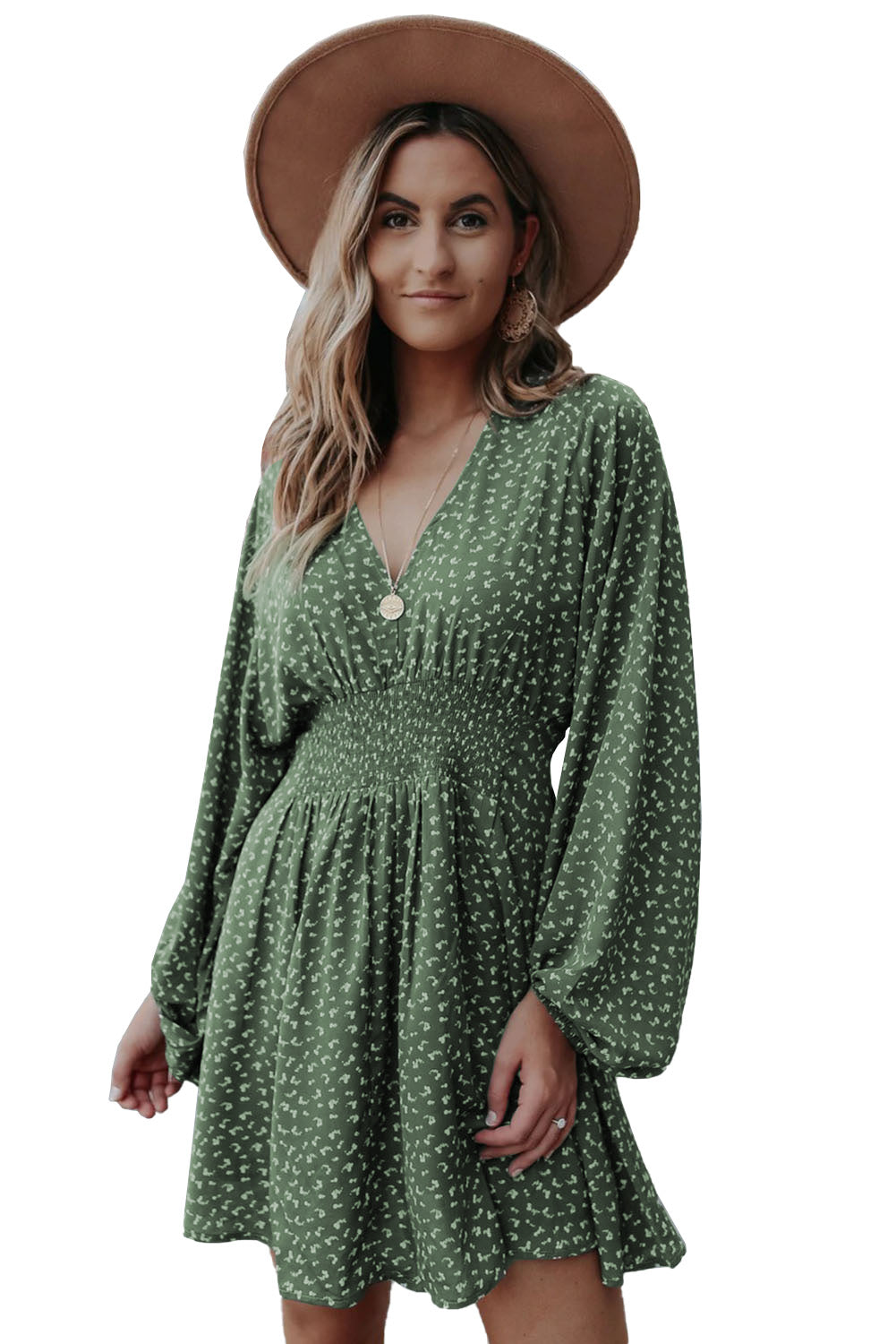 V Neck Balloon Sleeve Smocked Waist Printed Mini Dress