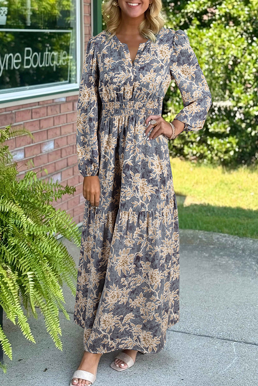 fitted lace wedding dress Sky Blue Floral Print Smocked High Waist Long Sleeve Maxi Dress XL