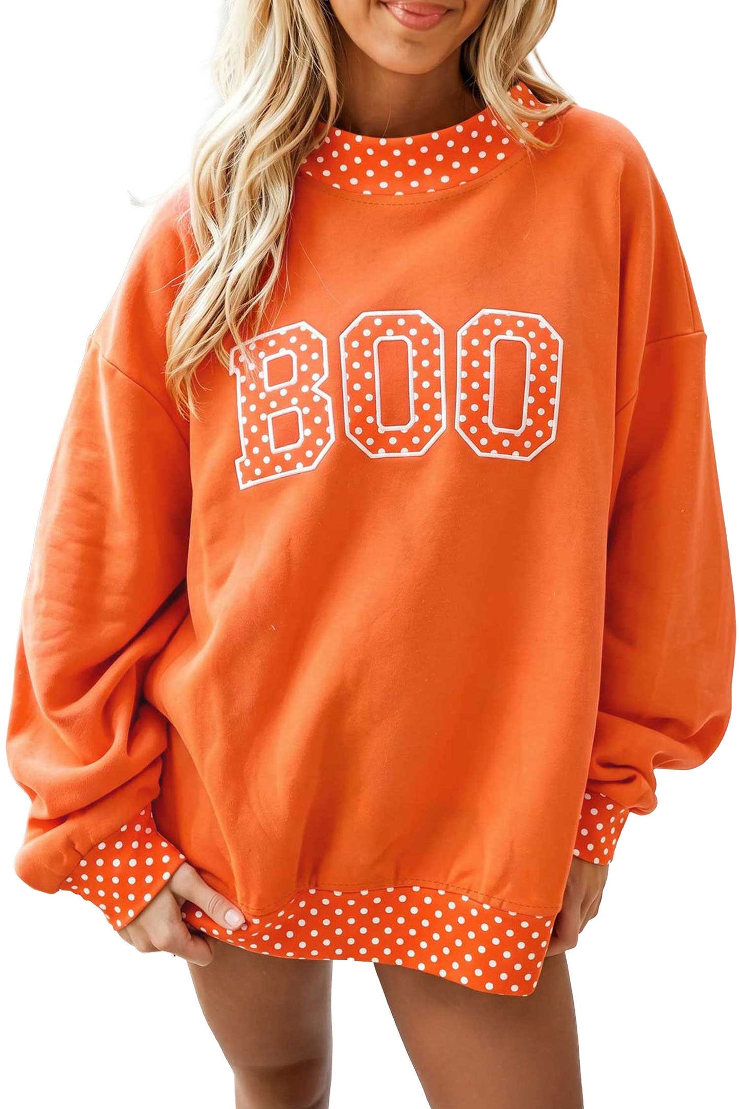 Grapefruit Orange Polka Dot Letter Print Contrast Trim Mock Neck Sweatshirt