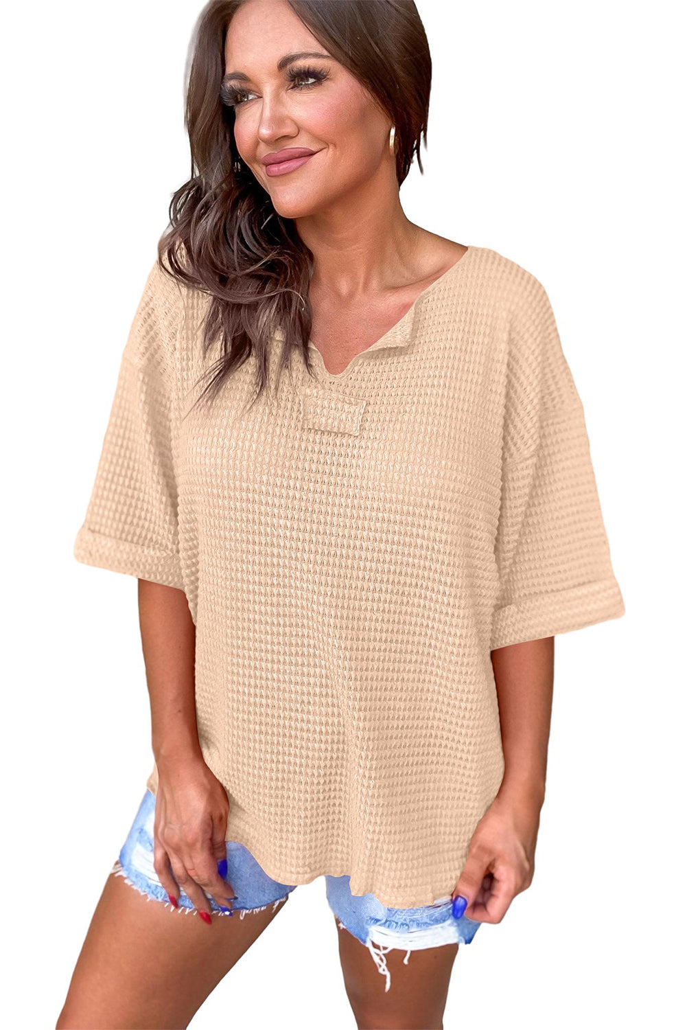 Parchment Textured Knit Split Neck Cuffed Short Sleeve Top