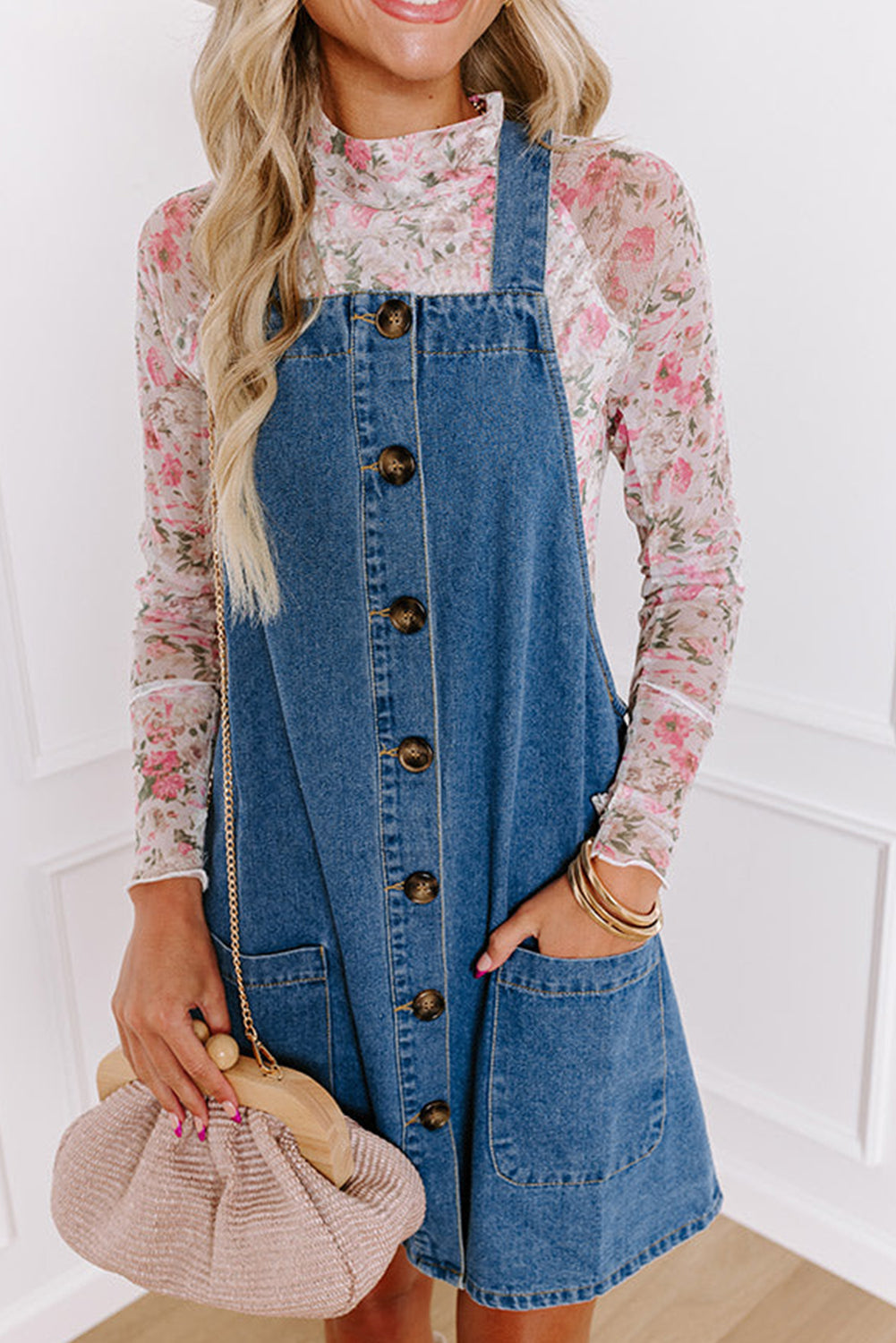 Dusk Blue Wide Strap Button Front Pocketed Denim Mini Dress – HannaBanna  Clothing