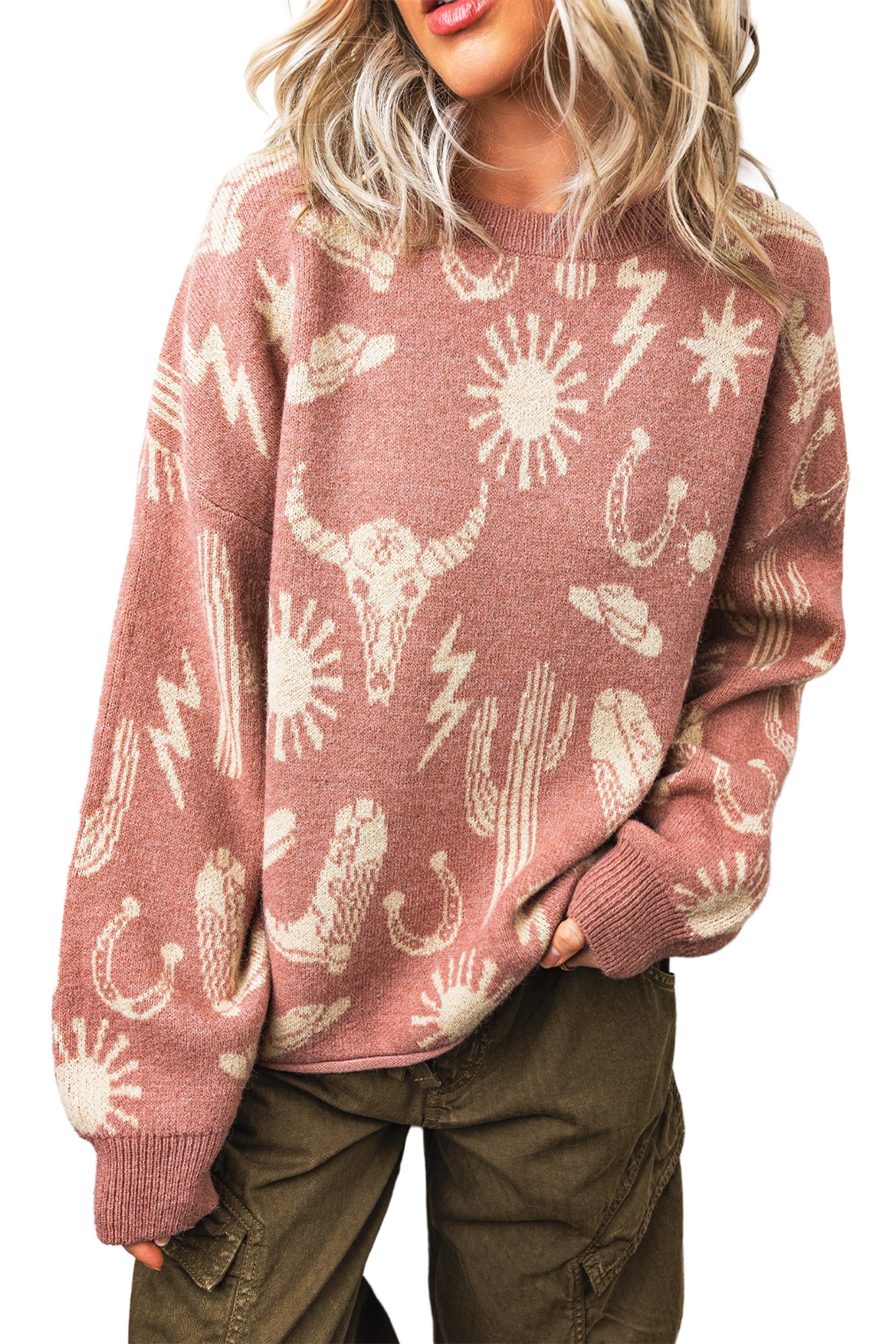 Peach Blossom Western Print Drop Shoulder Round Neck Long Sleeve Sweater
