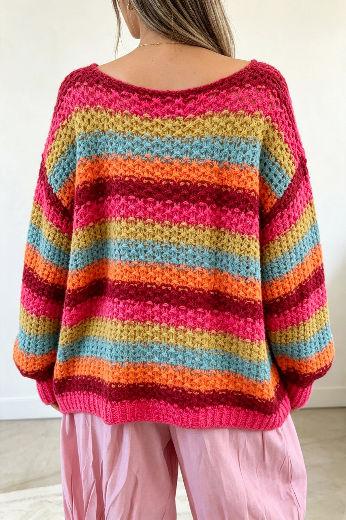 Rose Red Crochet Striped Knit Oversize Sweater