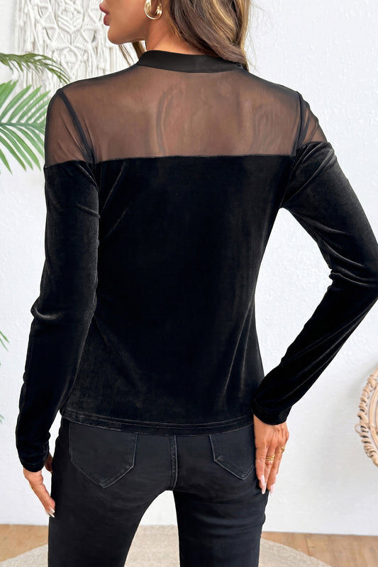 Black Velvet Long Sleeve Sheer Neck Patchwork Casual Pullover Top