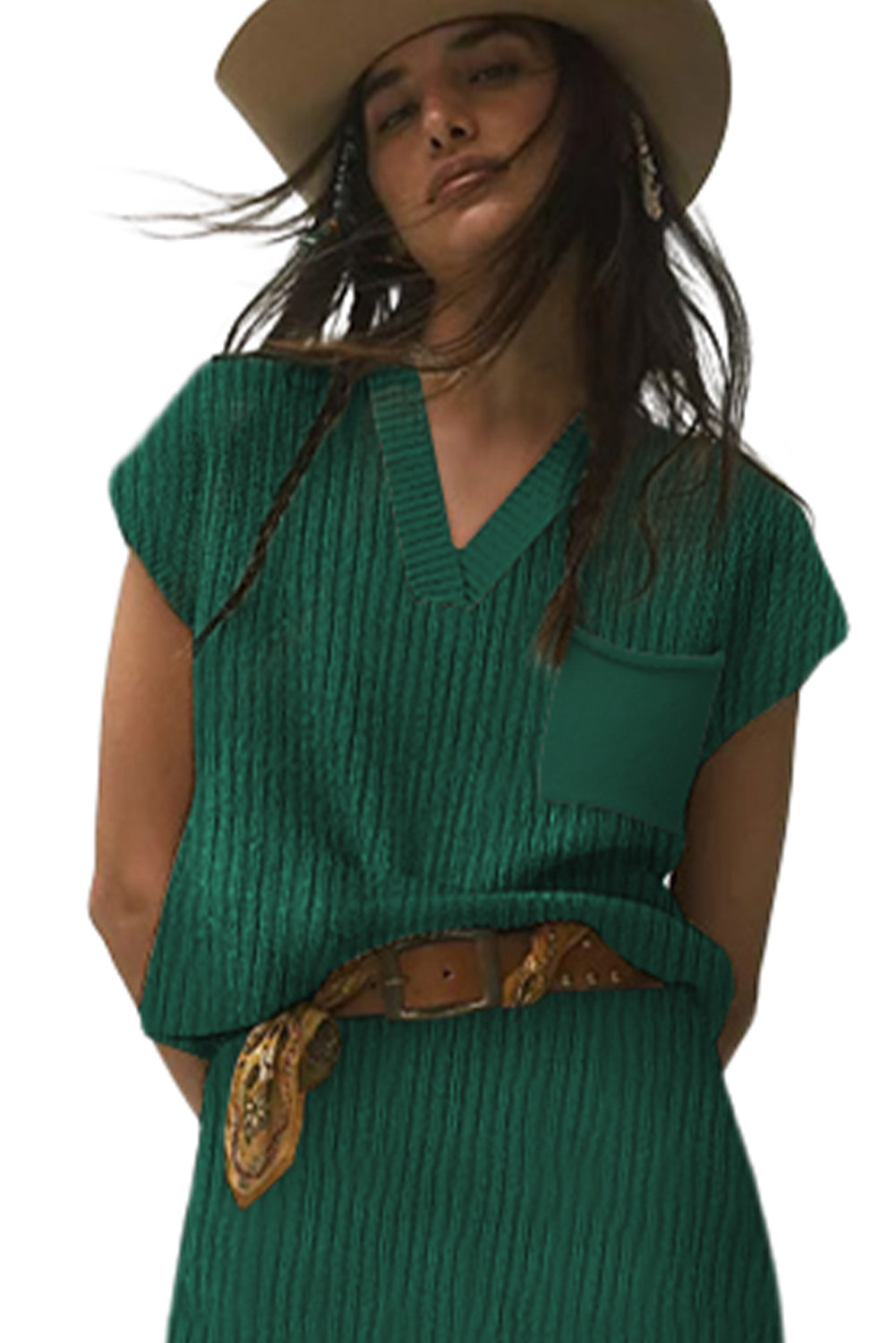 Pull côtelé vert noirâtre à manches courtes et col en V avec poche poitrine