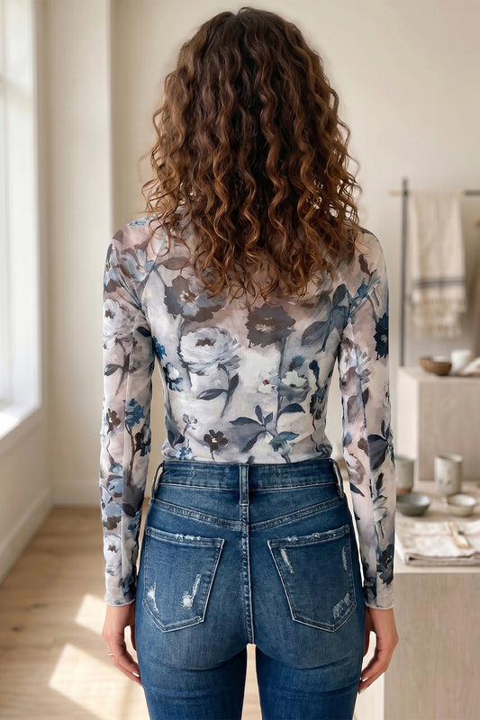 Sky Blue Floral Mesh High Neck Long Sleeve Sheath Top