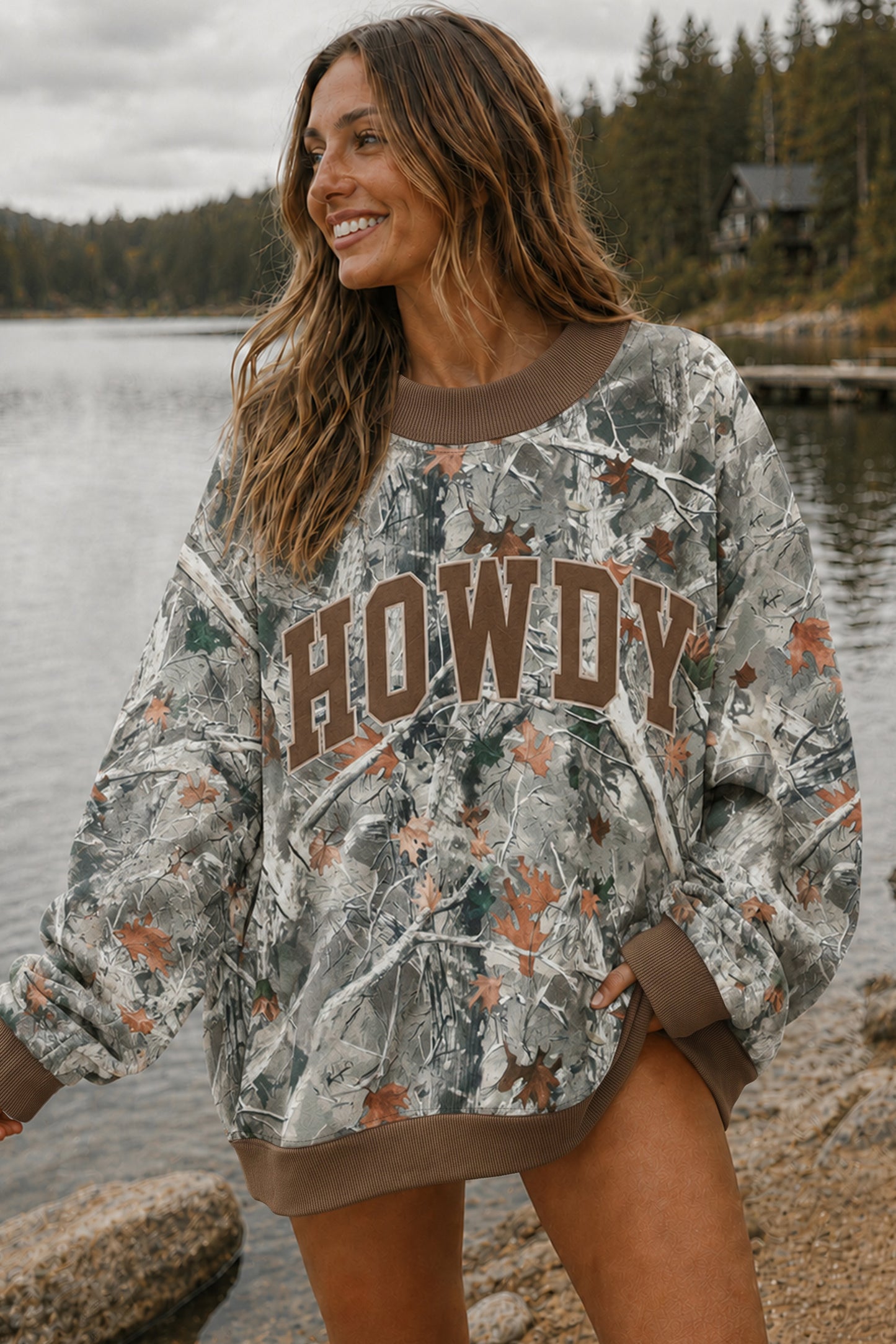 Gray Western Camo/Mallard Letter Print Baggy Pullover Sweatshirt