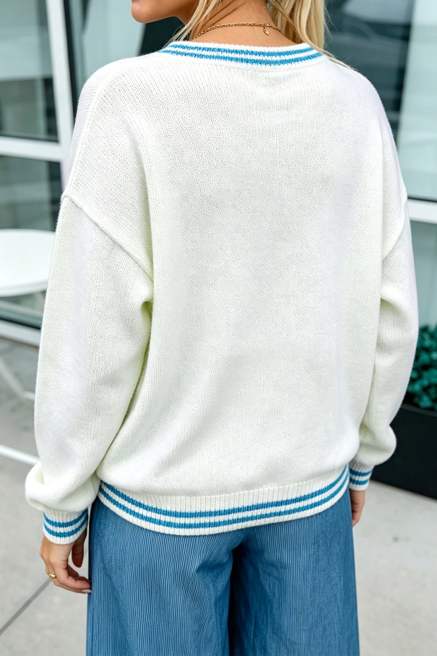 Light Blue Bulldog Contrast Trim Round Neck Casual Sweater