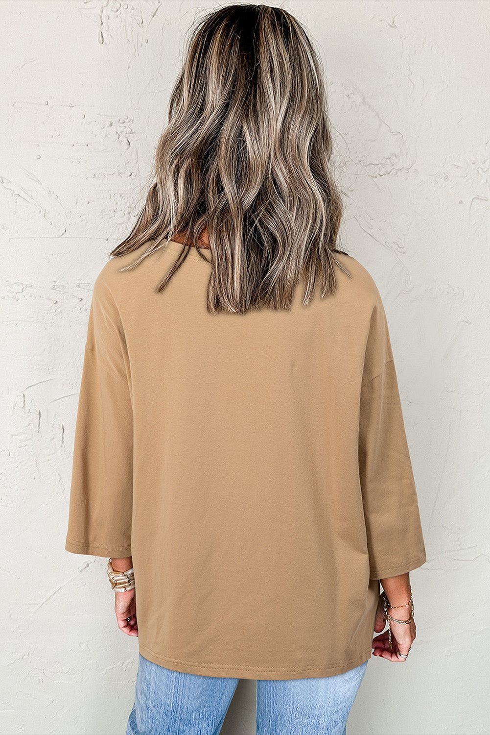 Haut camel à manches 3/4 et patchwork floral et étoiles