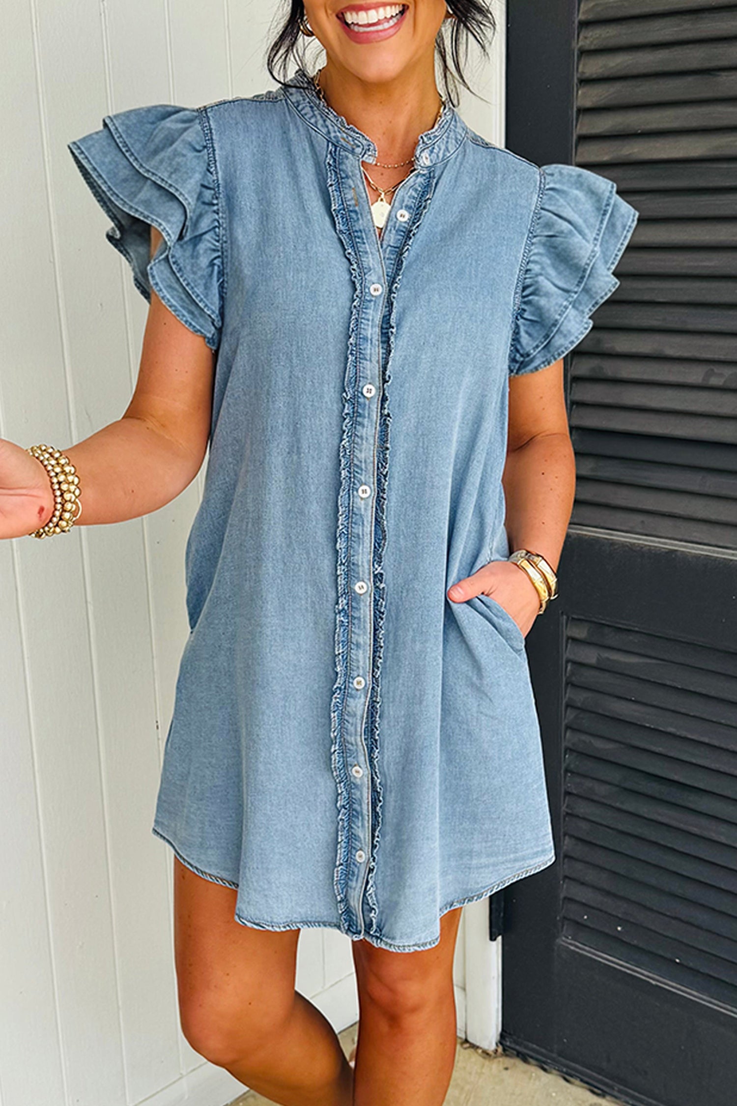 short sleeve denim mini dress Myosotis Frilled Detail Button Down Ruffle Short Sleeve Denim Mini Dre –  HannaBanna Clothing