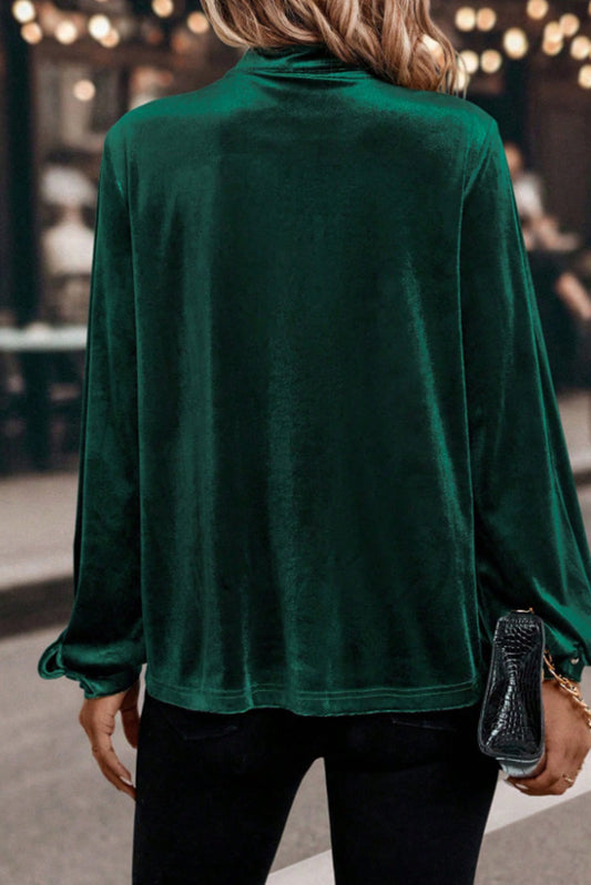 Evergreen Asymmetric Button Keyhole Neck Long Sleeve Velvet Blouse
