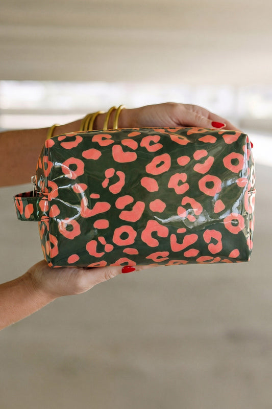 Blackish Green Leopard Print PVC Travel Makeup Organizer Cosmetic Bag