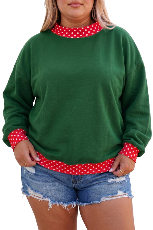 Dark Green Polka Dot Patchwork Round Neck Plus Size Sweatshirt