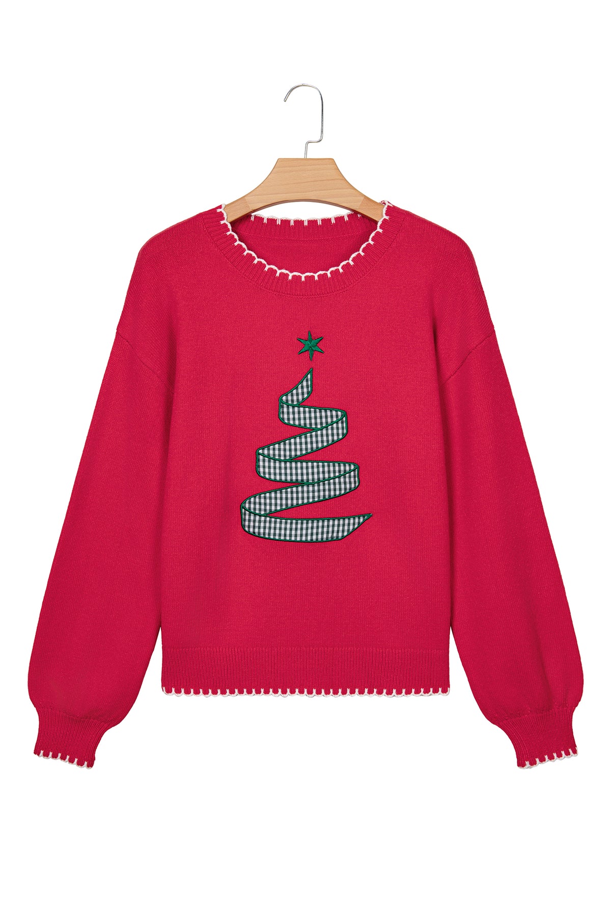 Racing Red Stitched Detail Christmas Tree Holiday Casual Sweater