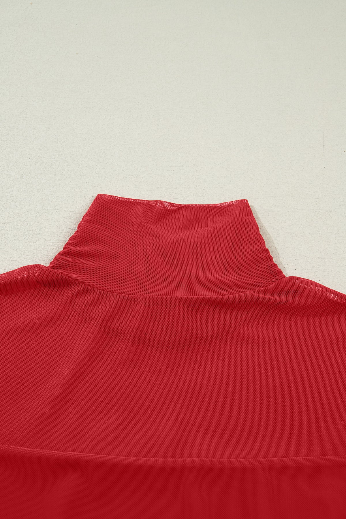 Fiery Red Sheer Mesh Patchwork High Neck Long Sleeve Top