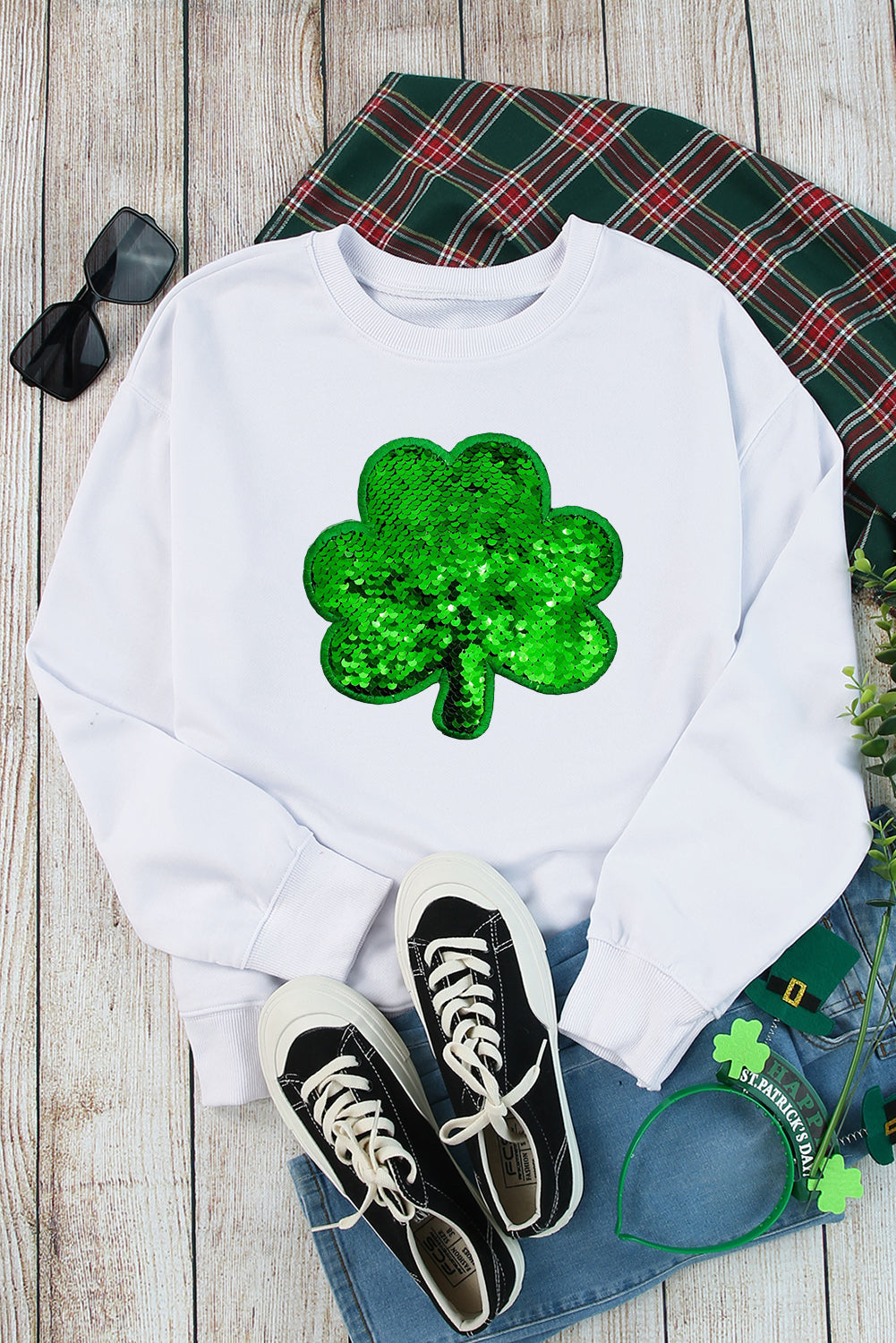 White Sequin Clover Embroidered Drop Shoulder Sweatshirt