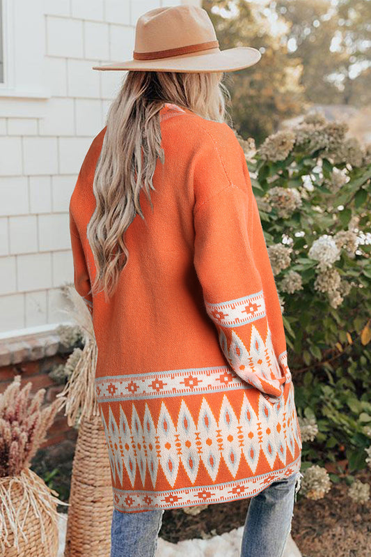 Cardigan ouvert en maille orange à imprimé aztèque