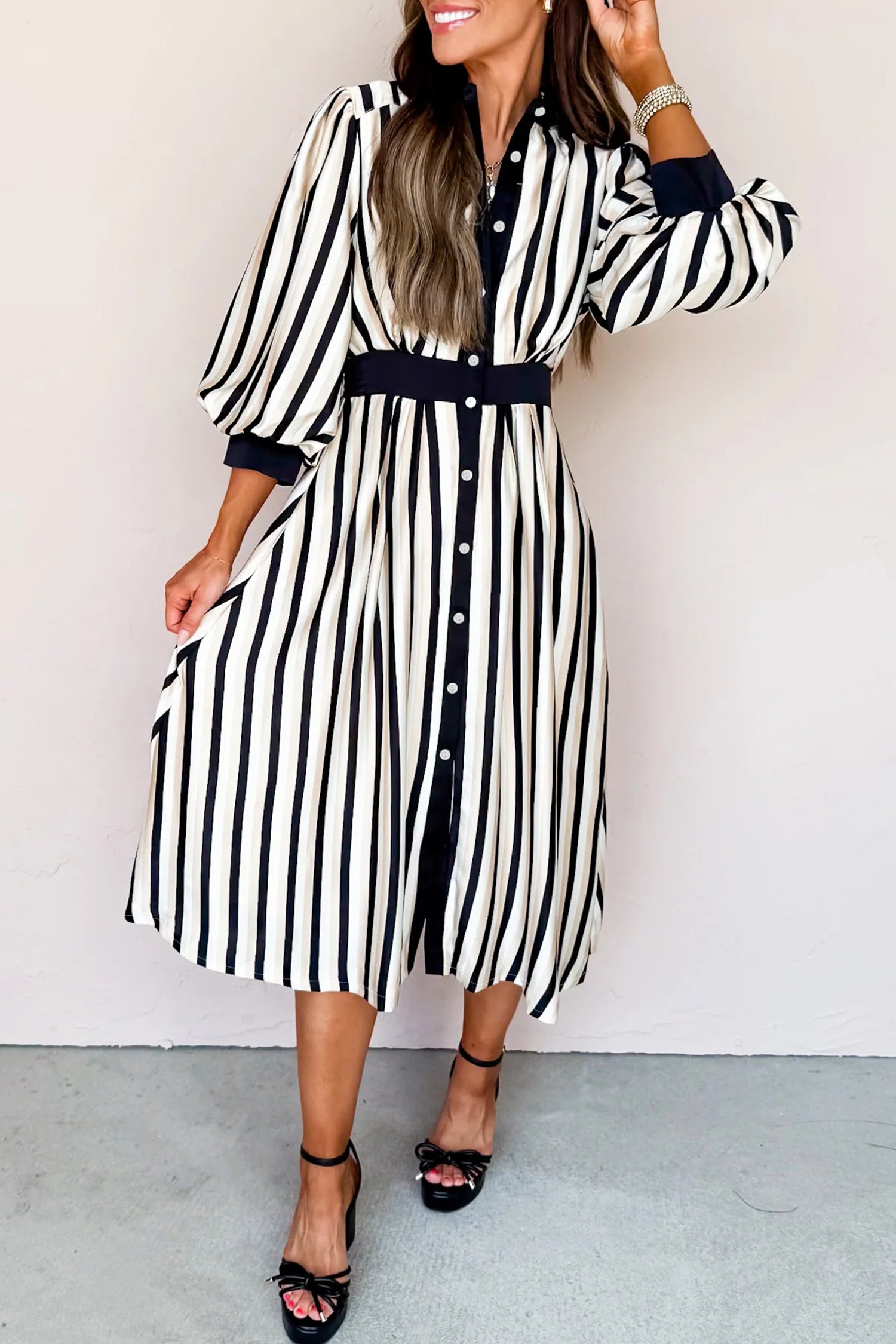 Black Stripe 3/4 Puff Sleeve Shirt Style Button Down Midi Dress   HannaBanna Clothing