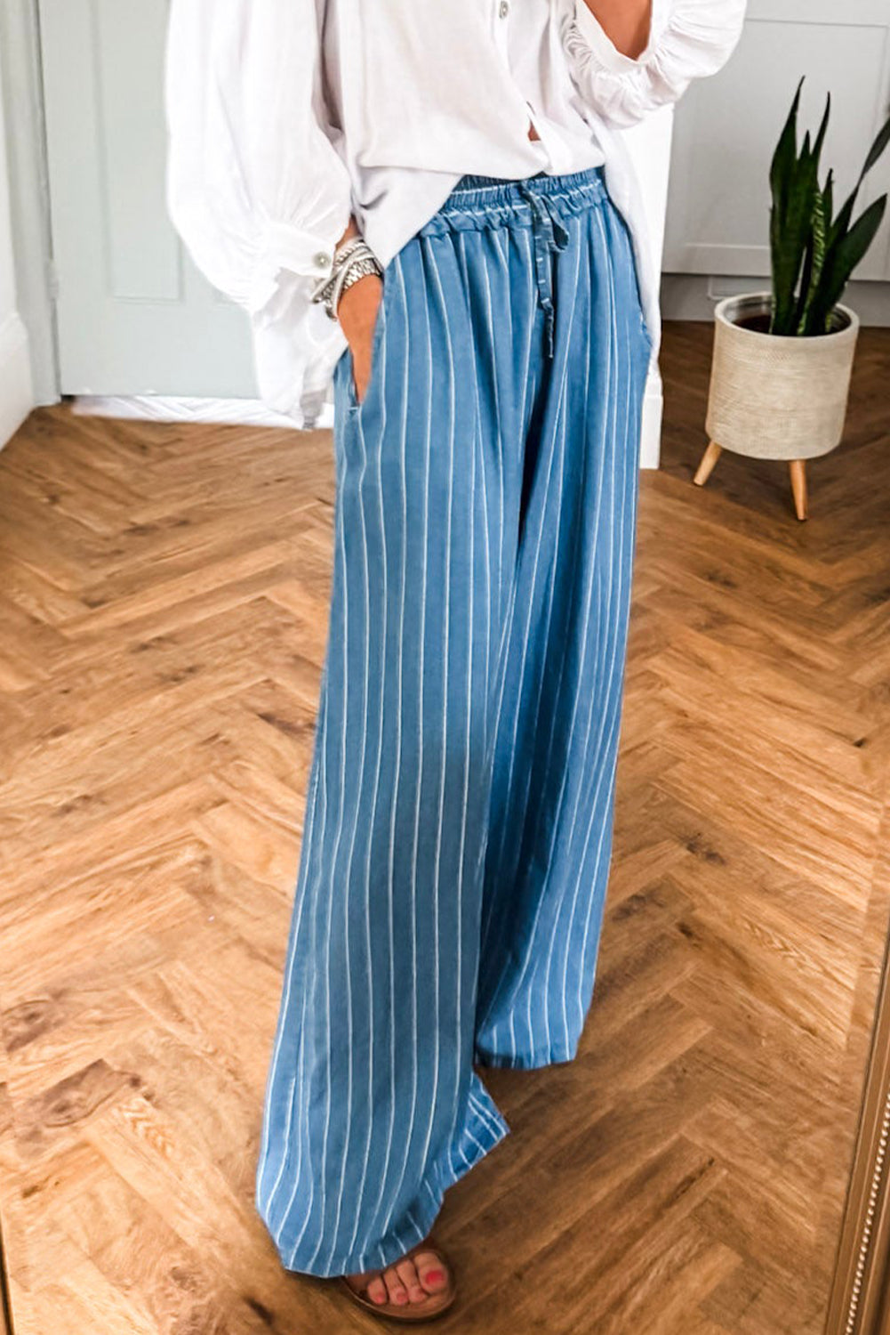 Blue Stripe Chambray Wide Leg Tied Elastic Waist Trousers