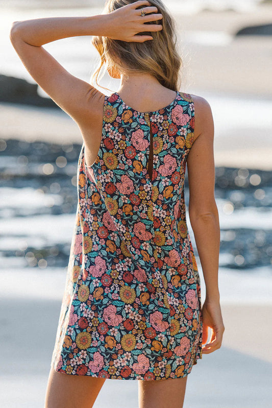 Multicolor Vintage Floral Print Keyhole Back Sleeveless Mini Dress