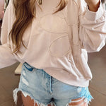 Beige Raw Edge Flower Patch Drop Shoulder Casual Top