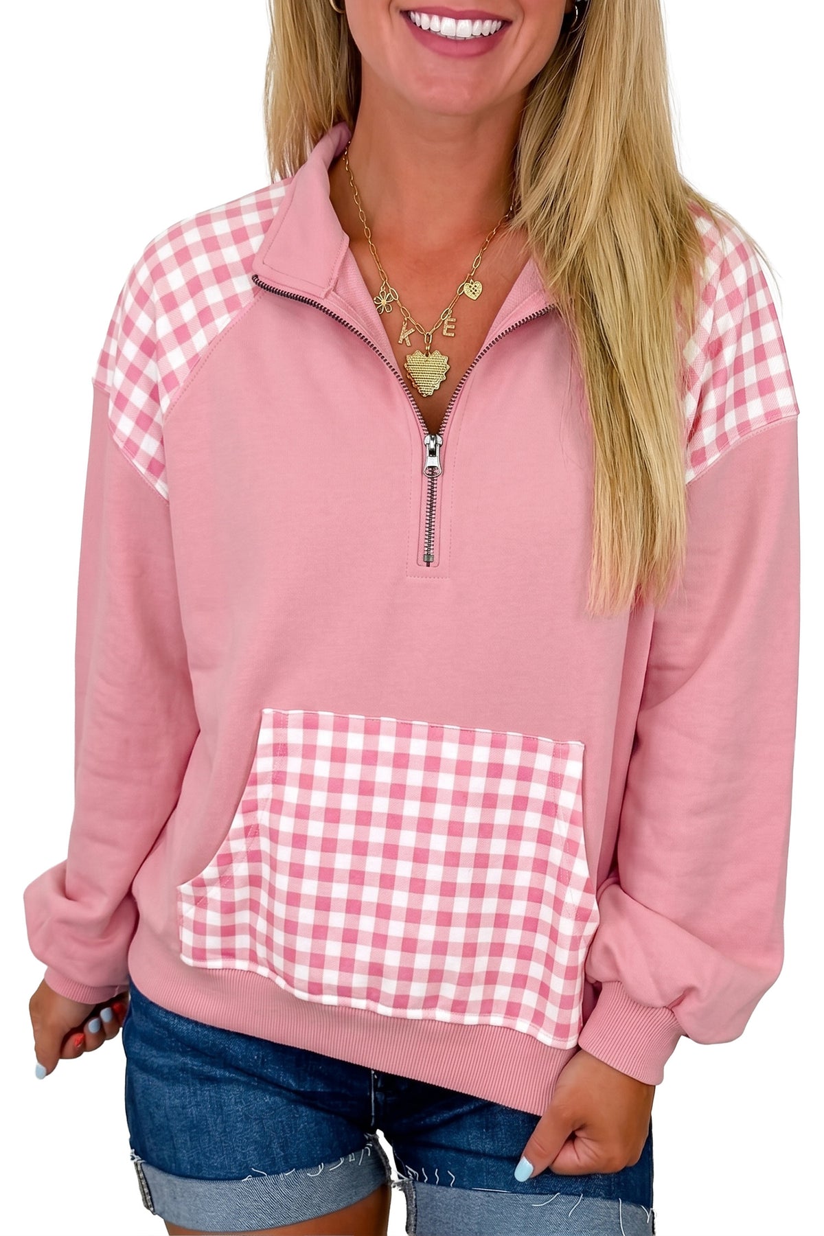 Pink Patchwork Plaid Pocket Quarter Zip Sweatshirt