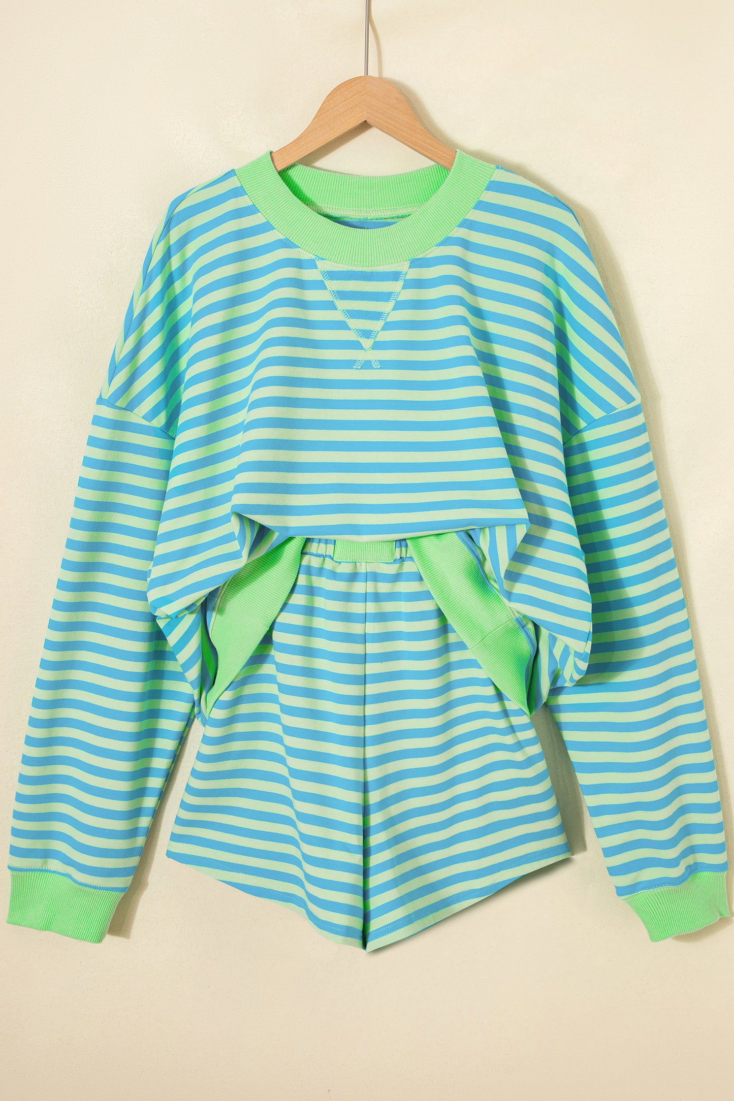 Pink Stripe Color Block Detail Long Sleeve Pullover Elastic Waist Pull On Shorts 2pcs Set