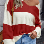 Red Stripe Loose Color Block Drop Shoulder Bubble Sleeve Sweater