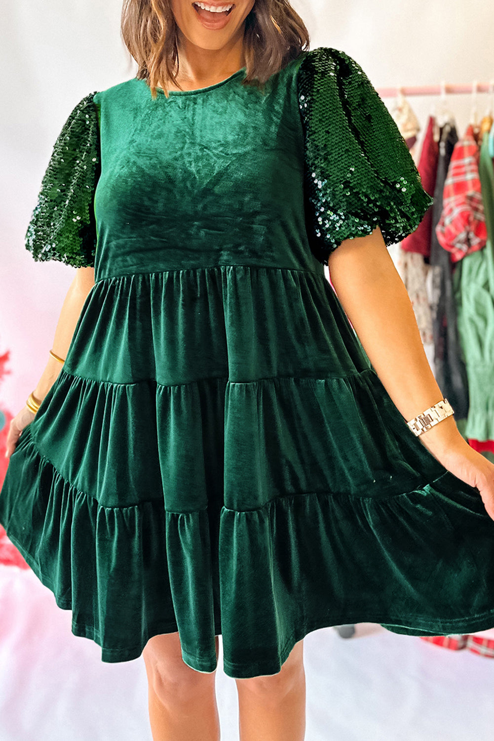 slim fit dress slacks Sequin Puff Sleeve Crew Neck High Waist Tiered Velvet A Line Mini Dress