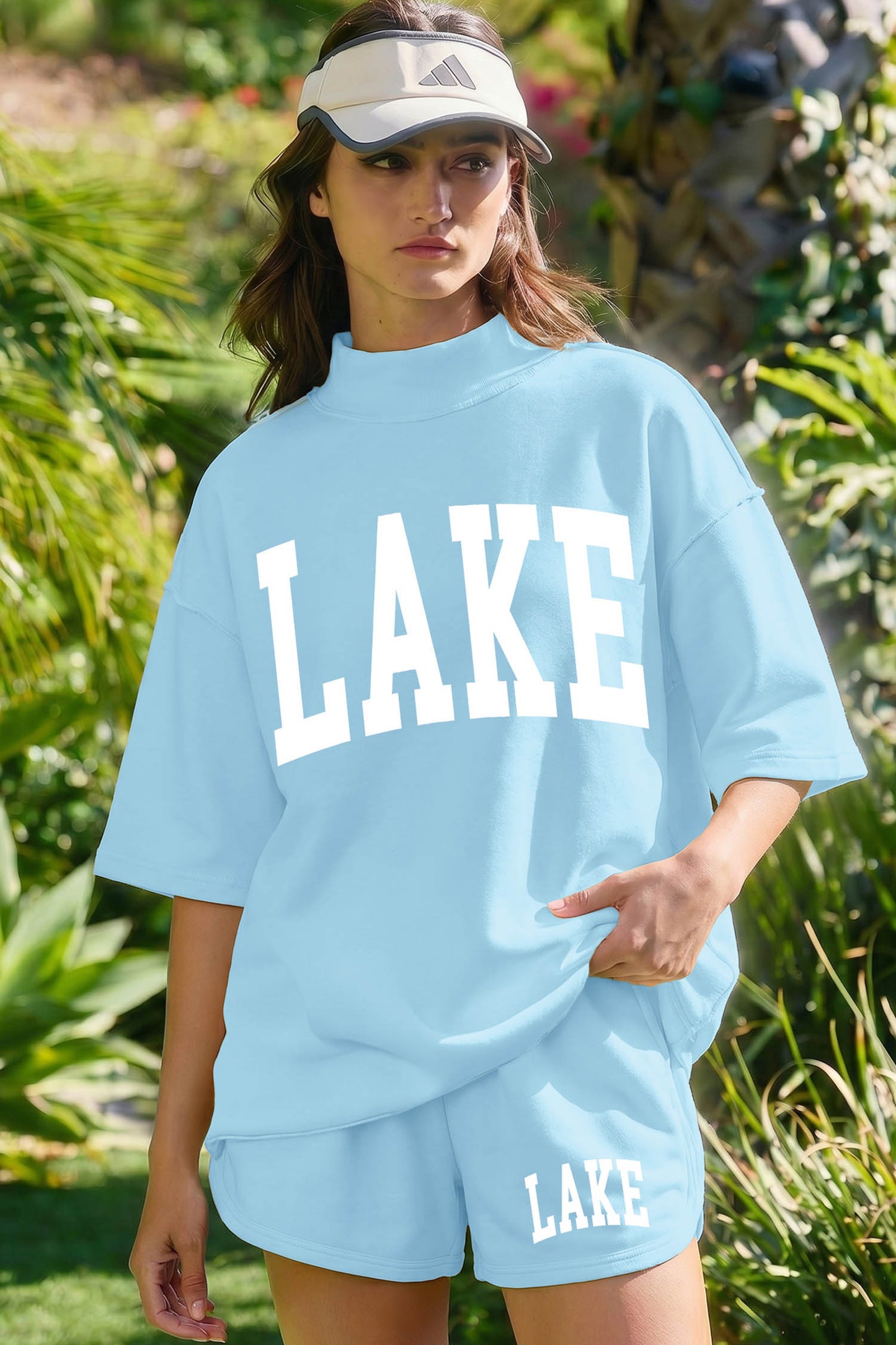 Mist Blue LAKE Print High Neck Short Sleeve Top Casual Short Set
