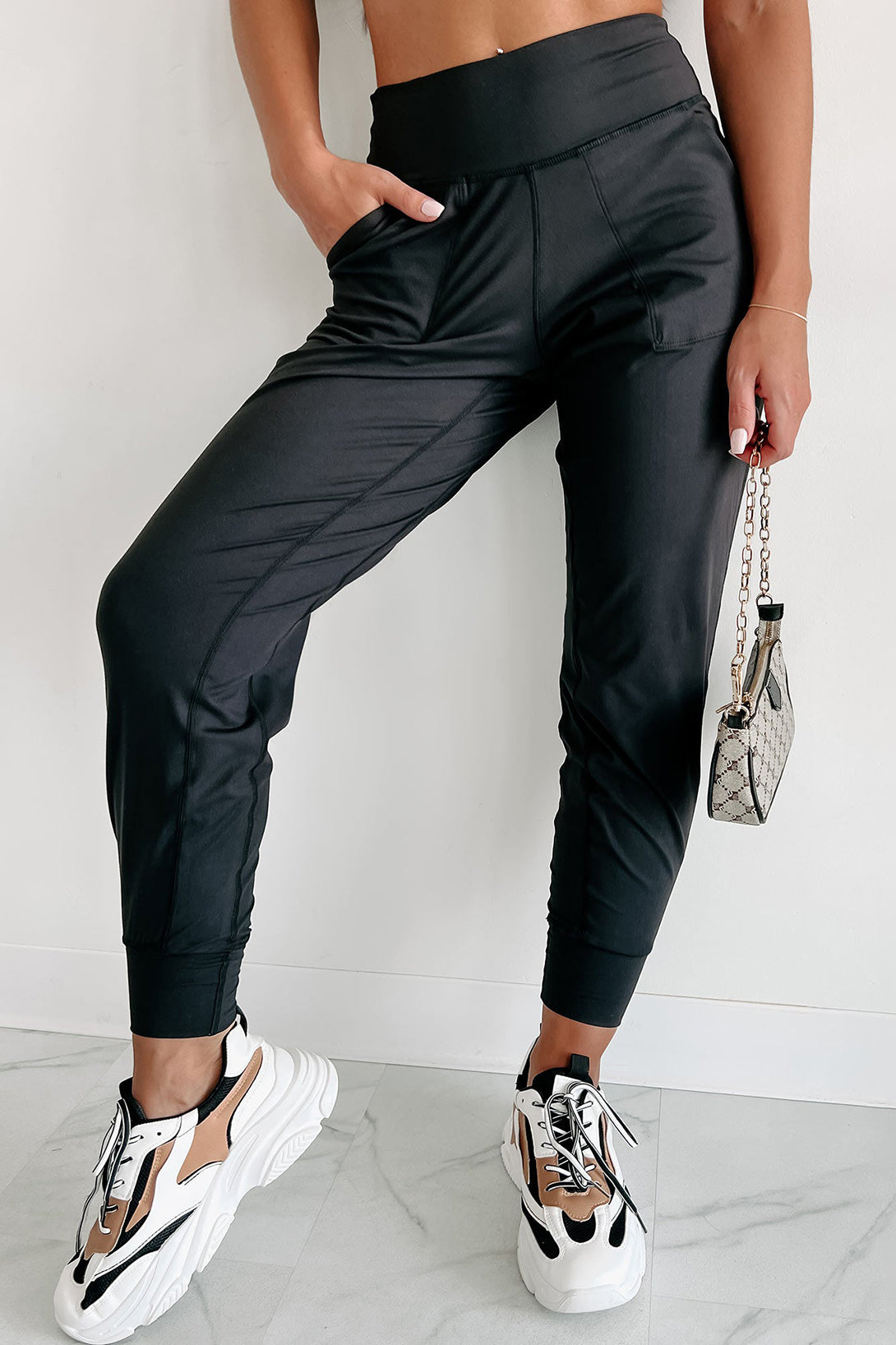 high waisted jogger dress pants Black Exposed Seam High Waist Pocketed Joggers