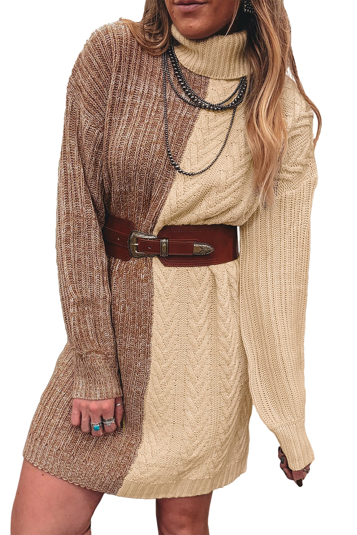 Parchment Cable Contrast Color Block Turtleneck Sweater Mini Dress