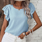 Mist Blue Solid Color Ruffled Short Sleeve Casual Blouse