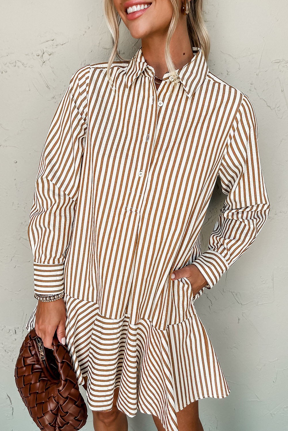 Brown Stripe Ruffled Hem Collared Long Sleeve Shirt Mini Dress Brown Stripe / S / 100%Polyester