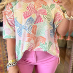 Multicolour Bowknot Printed Waffle Crewneck Loose Short Sleeve Top