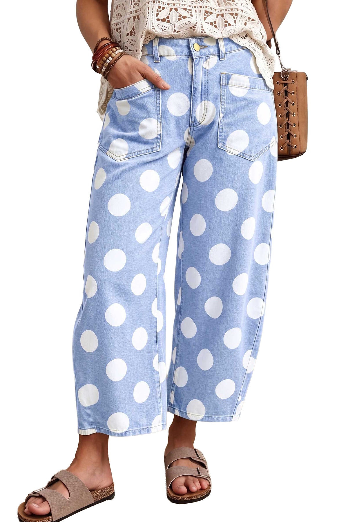 Sky Blue Polka Dot Ankle-Length Barrel Jeans