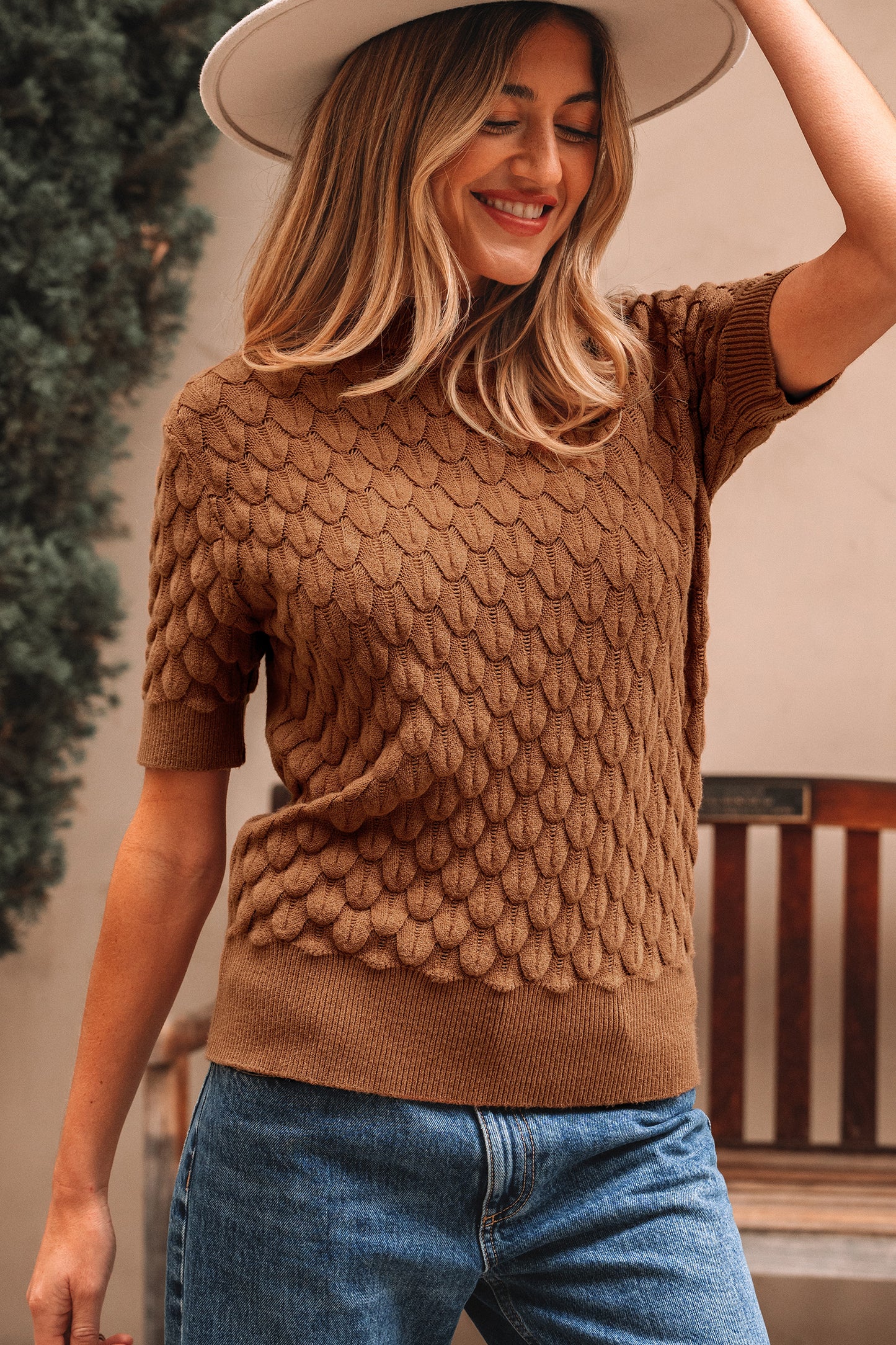 White Fish Scale Textured Knit Ribbed High Neck Short Sleeve Sweater