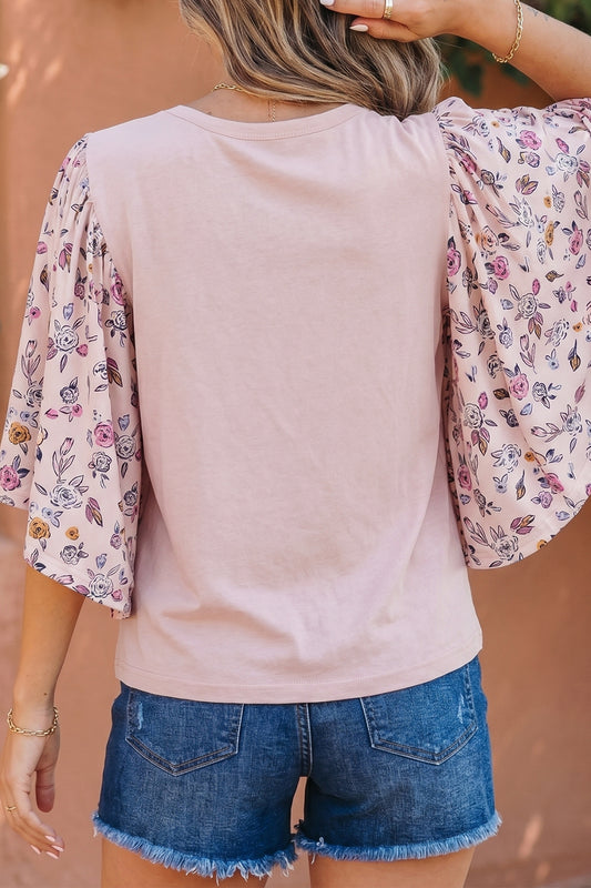 Pink Contrast Floral Patched Flowy Half Sleeve Blouse