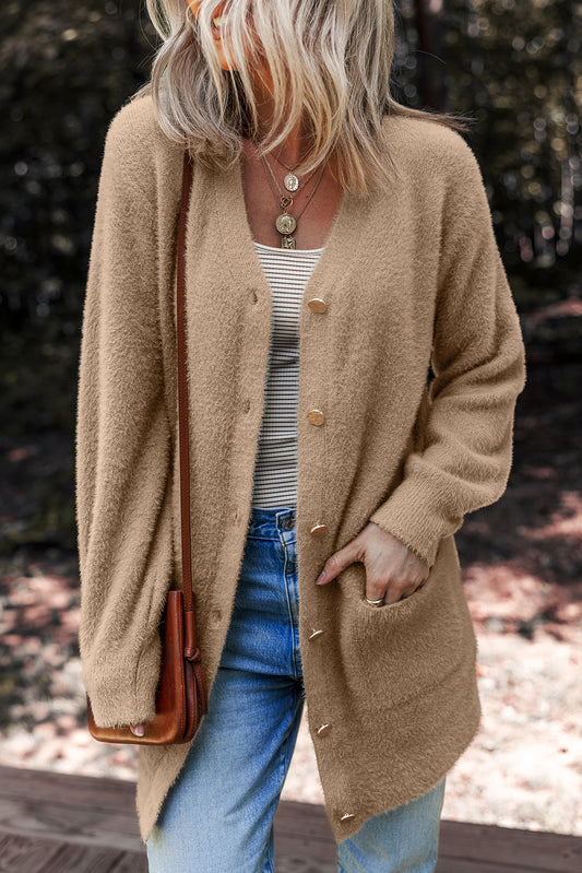 Smoke Gray Fuzzy Buttoned Front Midi Solid Cardigan
