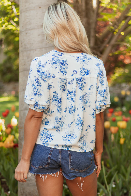 Sky Blue Floral Tiered Puff Short Sleeve Pleated Bust Buttoned Casual Shirt
