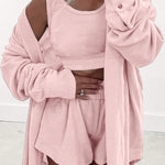 Ensemble 3 pièces rose clair avec débardeur court et short et cardigan
