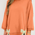 Grapefruit Orange Floral Bow Patched Exposed Seam Patchwork Slit Baggy Sweatshirt