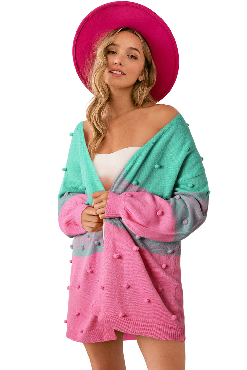 Cardigan ouvert à pompons marron et blocs de couleurs