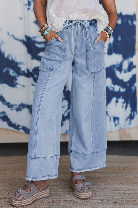 Beau Blue Drawstring Seam Detail Raw Hem Wide Leg Denim Pants