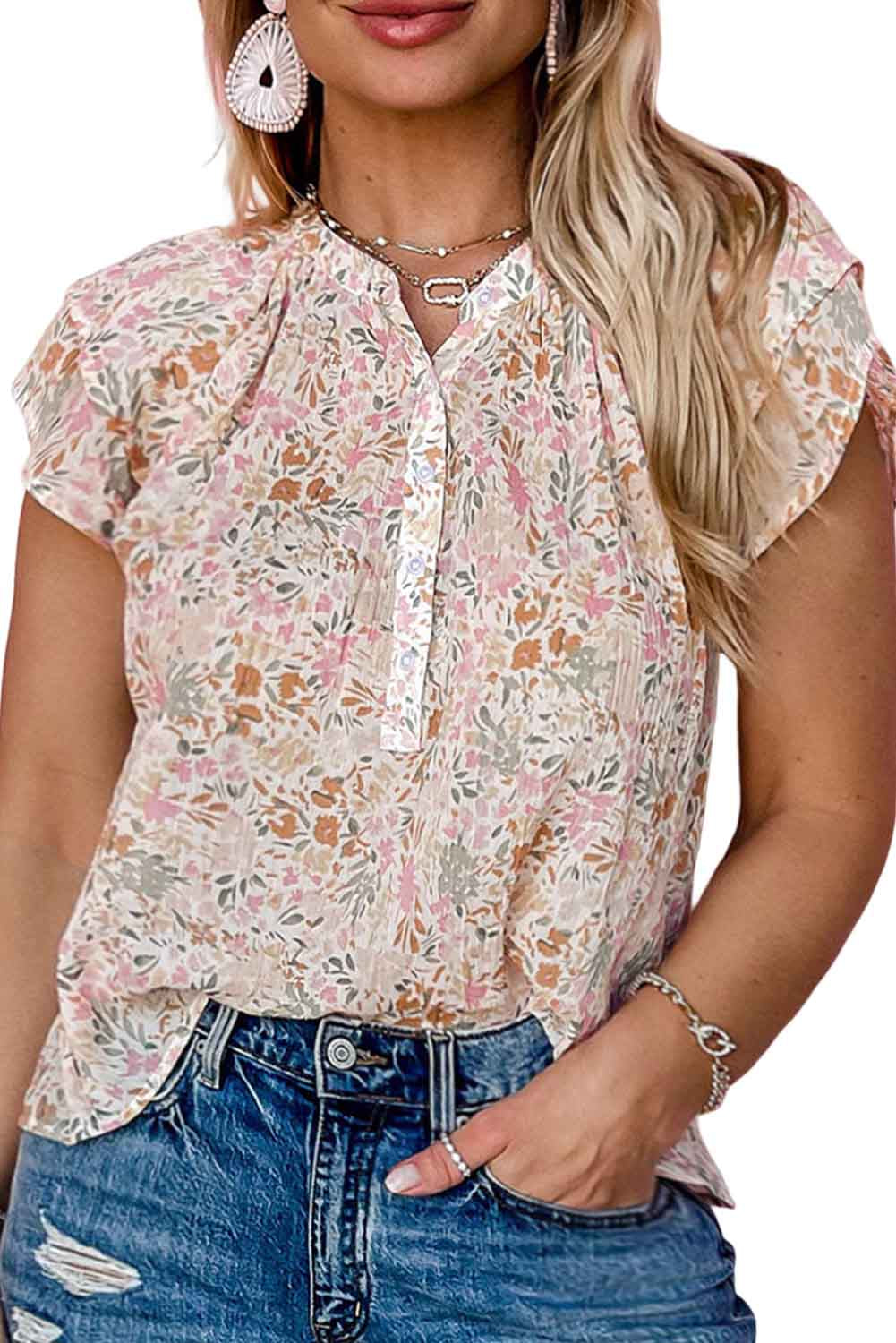 Top con cuello mandarín floral multicolor