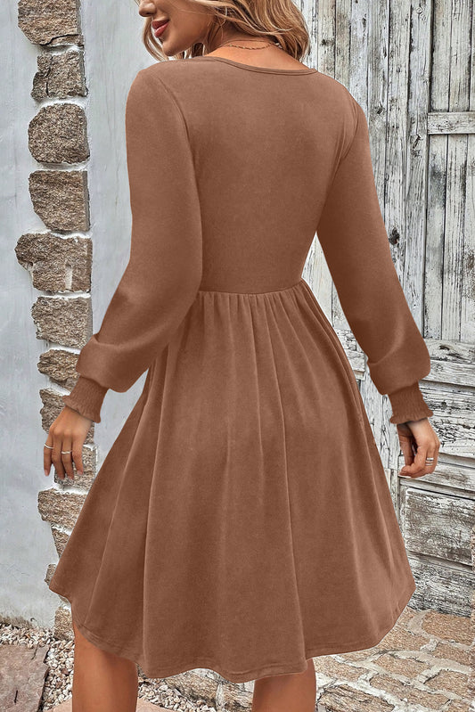Chestnut Shirred Cuff Long Sleeve Button Round Neck Mini Dress